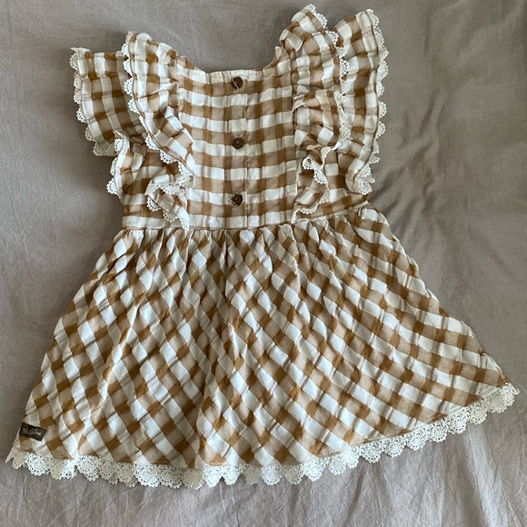 Matilda Jane Brown/Light Cream Gingham Laced Smocked Front Blouse Girls Size 8 - Picture 3 of 5